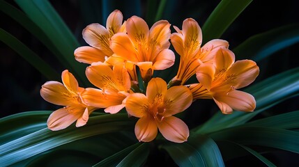 Obraz premium Stunning Orange Clivia Flowers Closeup Dark Background
