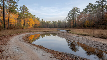 A winding dirt road reflecting golden trees leads to a narrow stream amidst a serene autumnal landscape under a partly