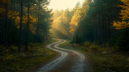 Obraz premium A winding dirt road leads through a forest illuminated by golden sunlight filtering through the trees