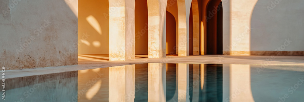 Poster arched columns and reflecting pool in sunlight
