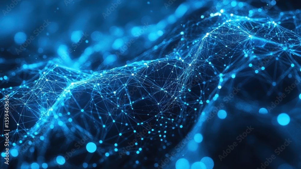 Poster abstract blue network connections with digital nodes over a dark background. useful for illustrating