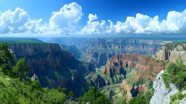 Grand Canyon: Panoramic view of the Grand Canyon under a vast, cloud-filled sky, showcasing the dramatic landscape of the deep canyon and natural beauty. - Powered by Adobe