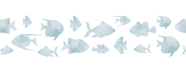 Seamless watercolor Border of soft swimming Fish Silhouettes. Pattern with school of underwater animals in pastel light colors for nautical invitations or greeting cards. Marine ornament.