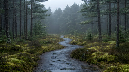 Obraz premium A winding path leads through a dense misty forest bordered by mossy ground and tall trees reaching into the foggy sky