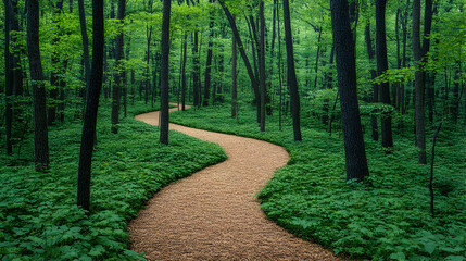 A winding path through a dense forest surrounded by tall trees and lush greenery creates an inviting and serene atmosp