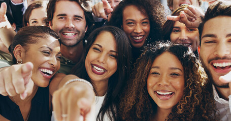 Friends, pointing and smile with business people in office together for love, support or team building. Choice, opinion and portrait with employee group happy in company workplace for recruitment