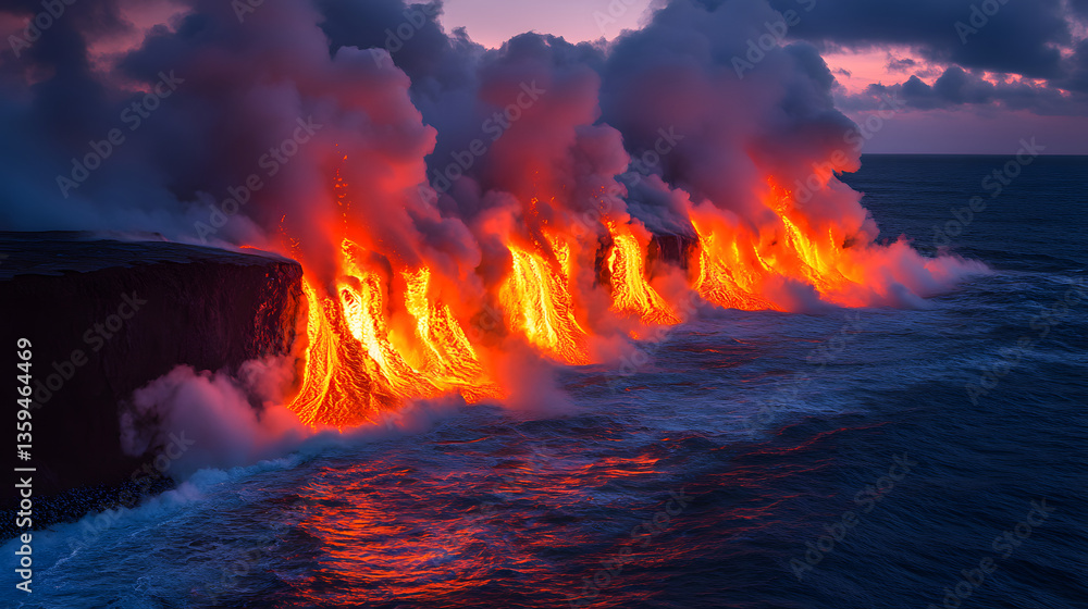 Poster lava's embrace: a dramatic tableau of molten lava cascading into the ocean, creating an explosive an