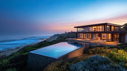 Stunning beachfront property with modern architecture, infinity pool merging with the sunset-lit ocean, clean lines emphasized by the warm glow of dusk