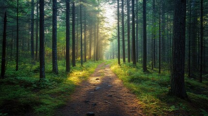 Fototapeta premium Sunlit Path Through a Dense Forest