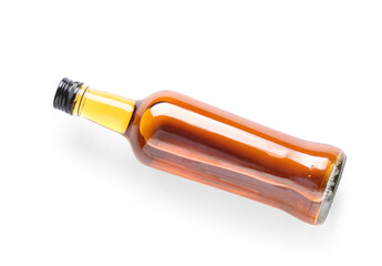 Bottle of rum on white background, top view