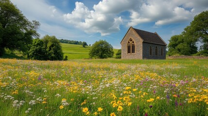 Picturesque Chapel in a Wildflower Meadow