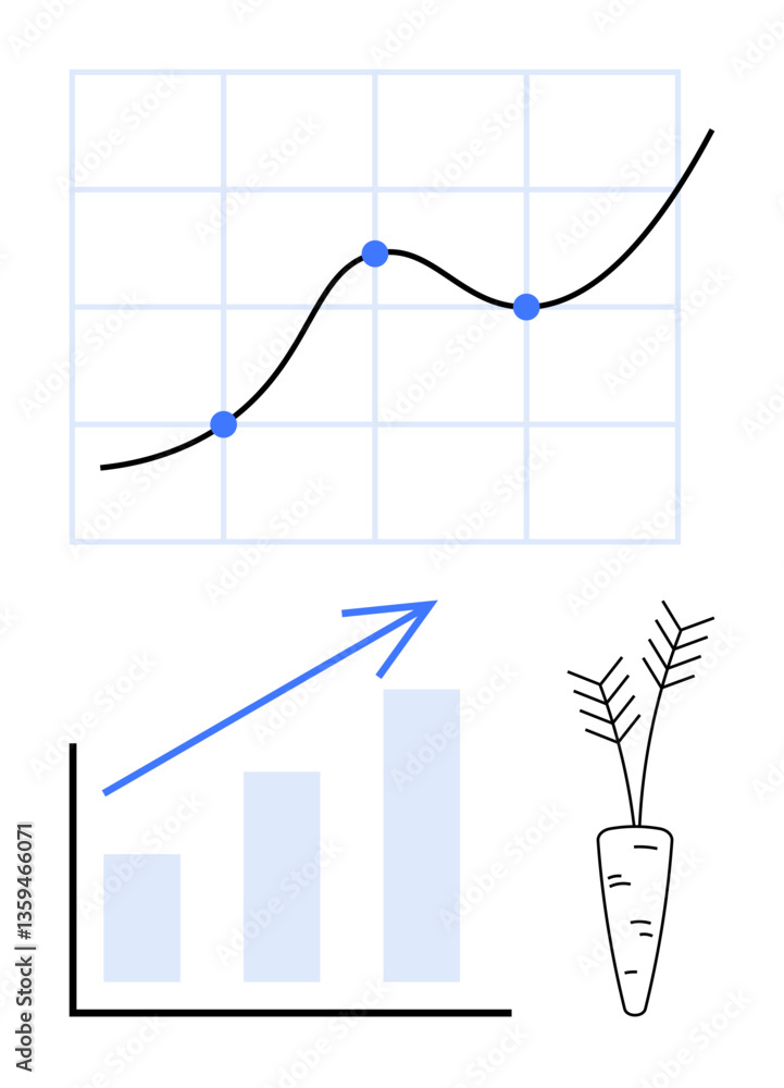 Poster line graph with data points, bar chart with upward arrow, and carrot symbolizing growth. ideal for a