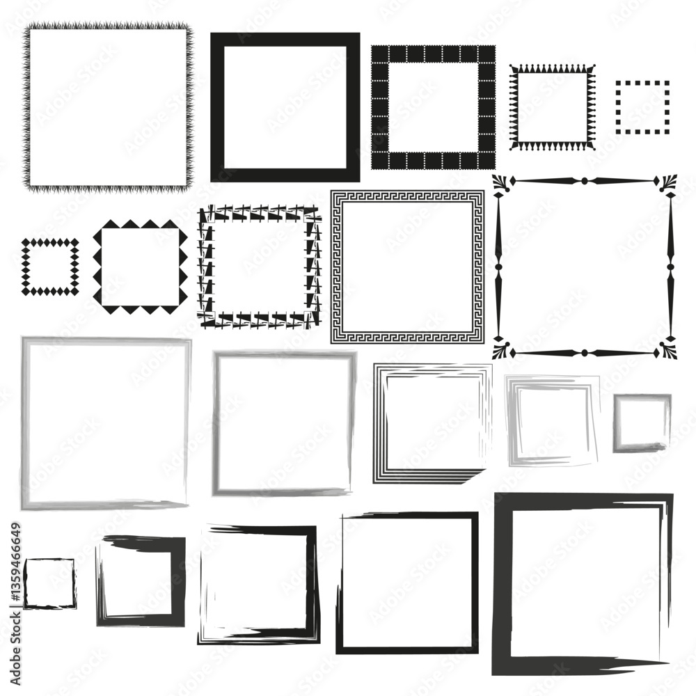 Poster decorative frame set vector. various square frame styles. black and white designs. simple and ornate
