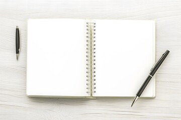 Blank Spiral Notebook with Two Pens on White Wood Table