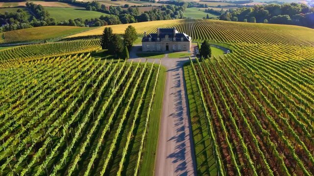 Scenic aerial journey over expansive vineyard leading to elegant chateau in picturesque countryside. 4k stock footage