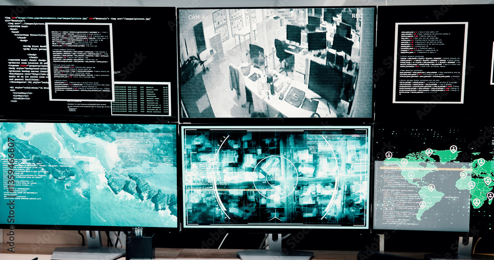 Aufkleber Computer, screen and satellite for global safety of crime surveillance, coding and monitor worldwide. Online, map and location with war investigation, programming and script update for security media