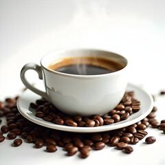 Fototapeta premium Classic White Coffee Cup with Black Coffee and Roasted Beans – Fresh Brew, Caffeine Boost, and Morning Energy Concept