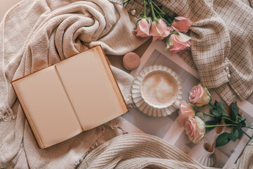 Flat lay with a blank open book, coffee cup, pink roses, and cozy beige fabric. Perfect for book...