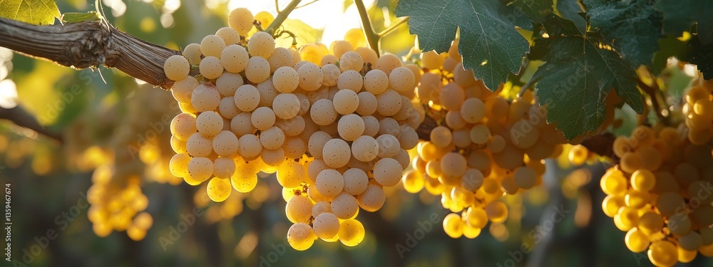 Aufkleber clusters of golden grapes hang from lush green vines, illuminated by soft sunlight pouring through t