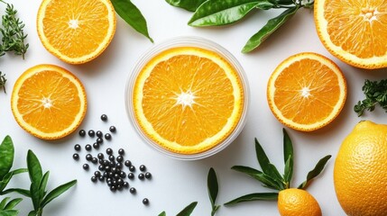 Fresh citrus slices and herbs arranged on a white surface