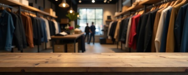 Empty wooden table top surrounded by racks of stylish clothing in a trendy store,  shopping,  empty