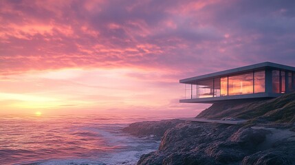 Ultra-modern beach house nestled on a rocky shoreline, dramatic sunset sky, panoramic ocean view, side angle 
