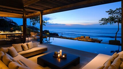 Ultra-modern open living area with plush seating, coffee and candle centerpiece, beside a sleek interior bar, infinity pool merging with the calm ocean under soft morning light 