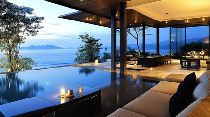 Fototapeta premium Ultra-modern open living area with plush seating, coffee and candle centerpiece, beside a sleek interior bar, infinity pool merging with the calm ocean under soft morning light 