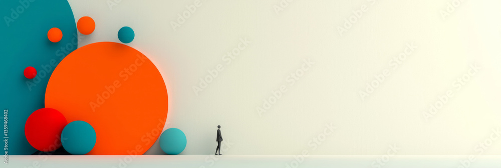Poster a minimalist scene where colorful spheres cluster on one side while a single grey figure stands