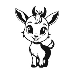 black and white vector silhouette of a baby goat’s face with a charming grin and fluffy fur on a white background.