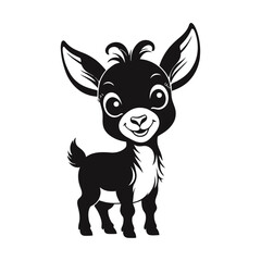 Obraz premium A black and white vector silhouette of a baby goat’s head with little curved horns and a friendly smile on a white background.