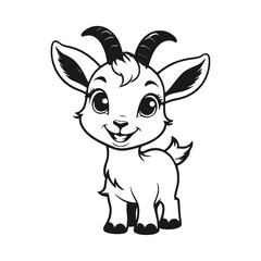 A black and white vector silhouette of a happy baby goat with a cute cartoon face and a small nose on a white background