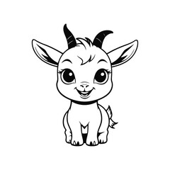 A simple black and white vector illustration of a smiling baby goat face with tiny horns on a clean white background