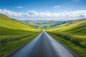 A winding road in Yorkshire hills, framed by lush greenery and rolling terrain under a dramatic sky, leading through scenic countryside vistas.
