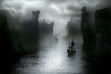 Mysterious ships sailing through foggy cliffs at twilight, creating an eerie atmosphere