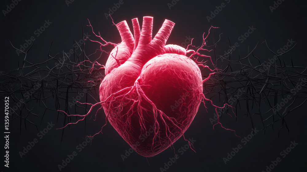 Poster a glowing heart pulsing through a fence of black obsidian shards, surrounded by abstract symbols of