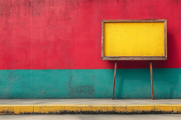 vibrant minimalist architectural scene with red and teal wall yellow framed bulletin board on sidewalk with bright color blocking