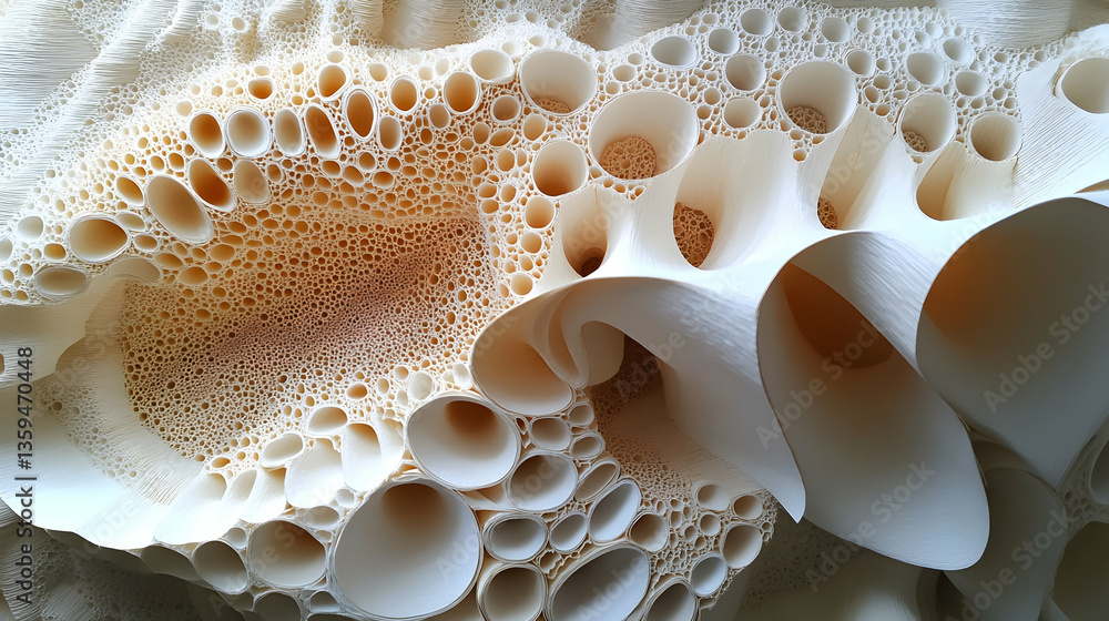 Fototapete abstract organic structure with repeating holes and shell-like structures beige and white create dep