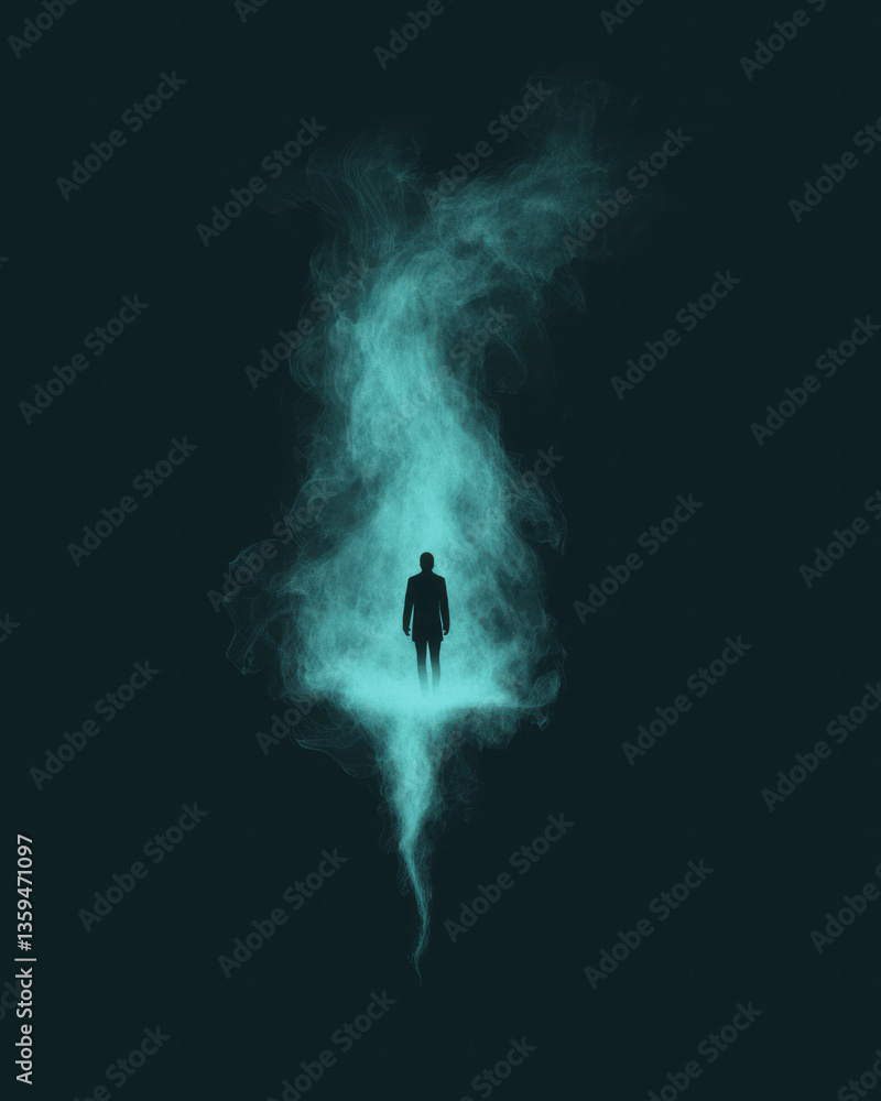 Poster a translucent human figure floating in a dark space, watching a shadowy version of themselves