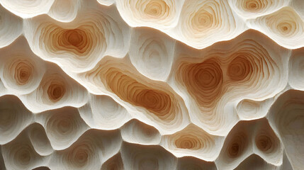 Abstract textural art with topographical depth and layered patterns in light brown and ivory hues creating organic cav