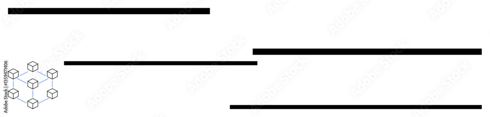 Poster geometric arrangement of interconnected nodes forming a blockchain network beside bold horizontal li