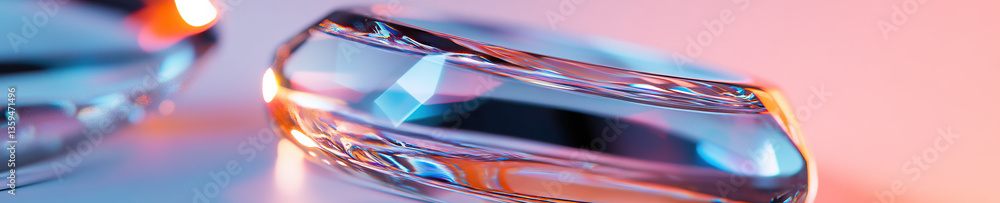 Poster close-up photograph of two translucent glass objects with iridescent highlights