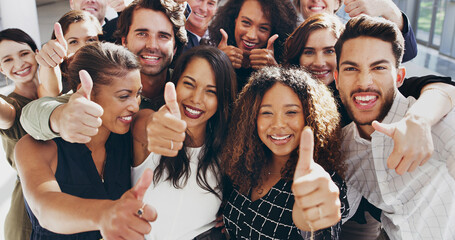 Friends, thumbs up and smile with business people in office together for love, support or team...