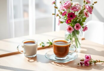 Fototapeta premium A steaming cup of coffee beside a vase of fresh flowers on a light wooden table Cozy morning scene, white, bloom