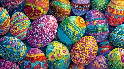 Obraz premium A vibrant group Easter eggs with intricate designs, displayed for a festive celebration.
