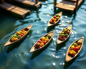 Fototapeta premium Colorful fruit-laden boats glide across shimmering water, showcasing a vibrant scene of nature's bounty and leisure.