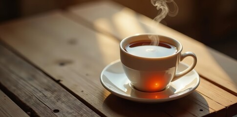 A steaming cup of hot tea with a saucer on a wooden table, aerial view, table, relaxation, cozy