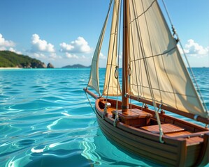 Fototapeta premium A small wooden sailboat glides over clear turquoise waters, with lush green hills and fluffy clouds in the background, creating a serene maritime scene.