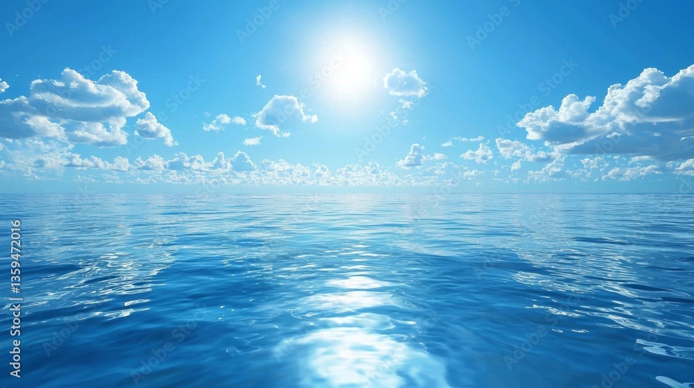 Poster gentle waves ripple across the vast ocean, mirroring the brilliant sun above. fluffy clouds scatter 