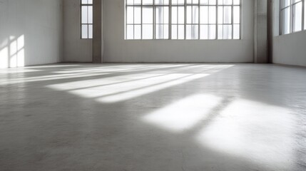 Obraz premium Empty industrial space with sunlight streaming through large windows